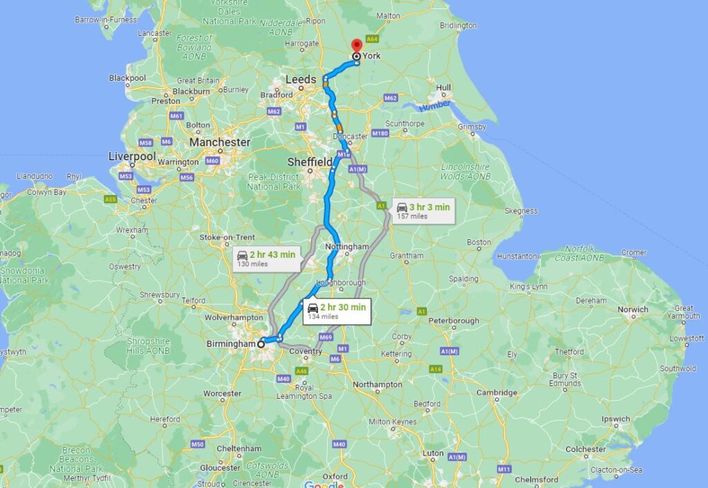 Distance to Birmingham to York by car - 2 hours 30 min
