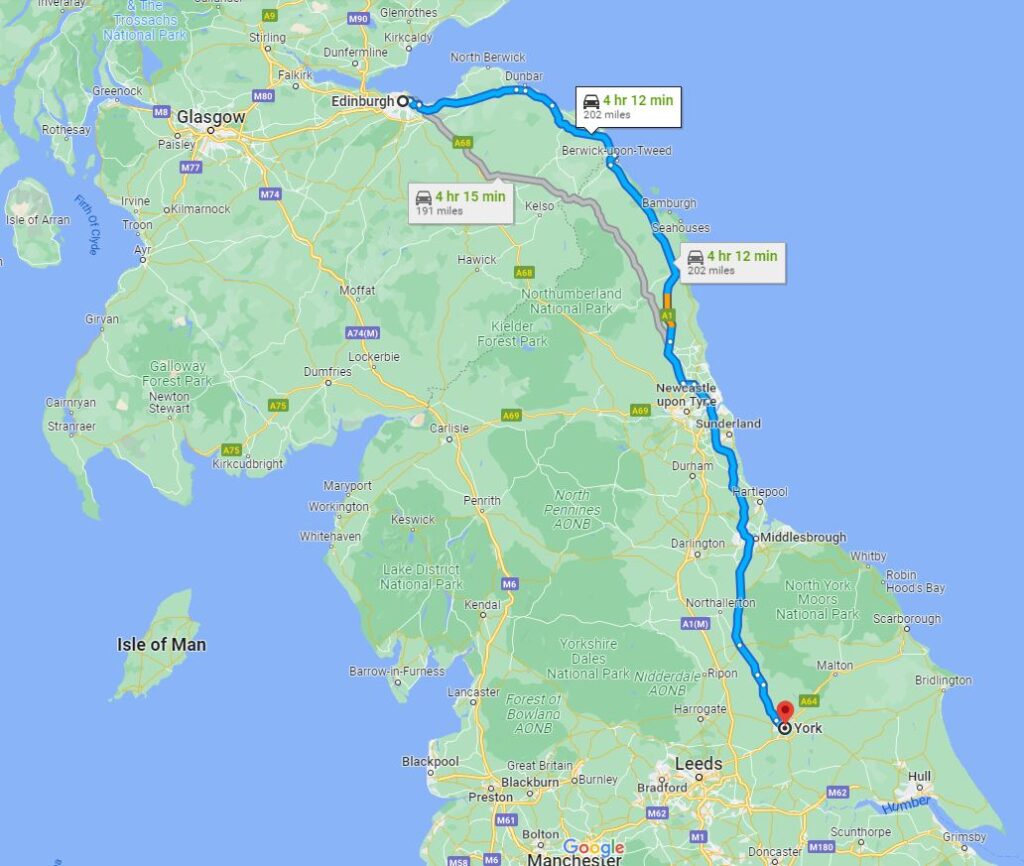 Distance from Edinburgh to York - 4 hours 12 ins