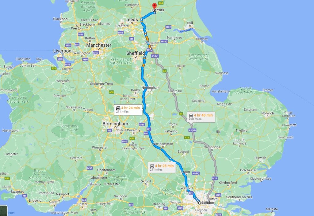 Distance from London to York by car - 4 hours 25 mins